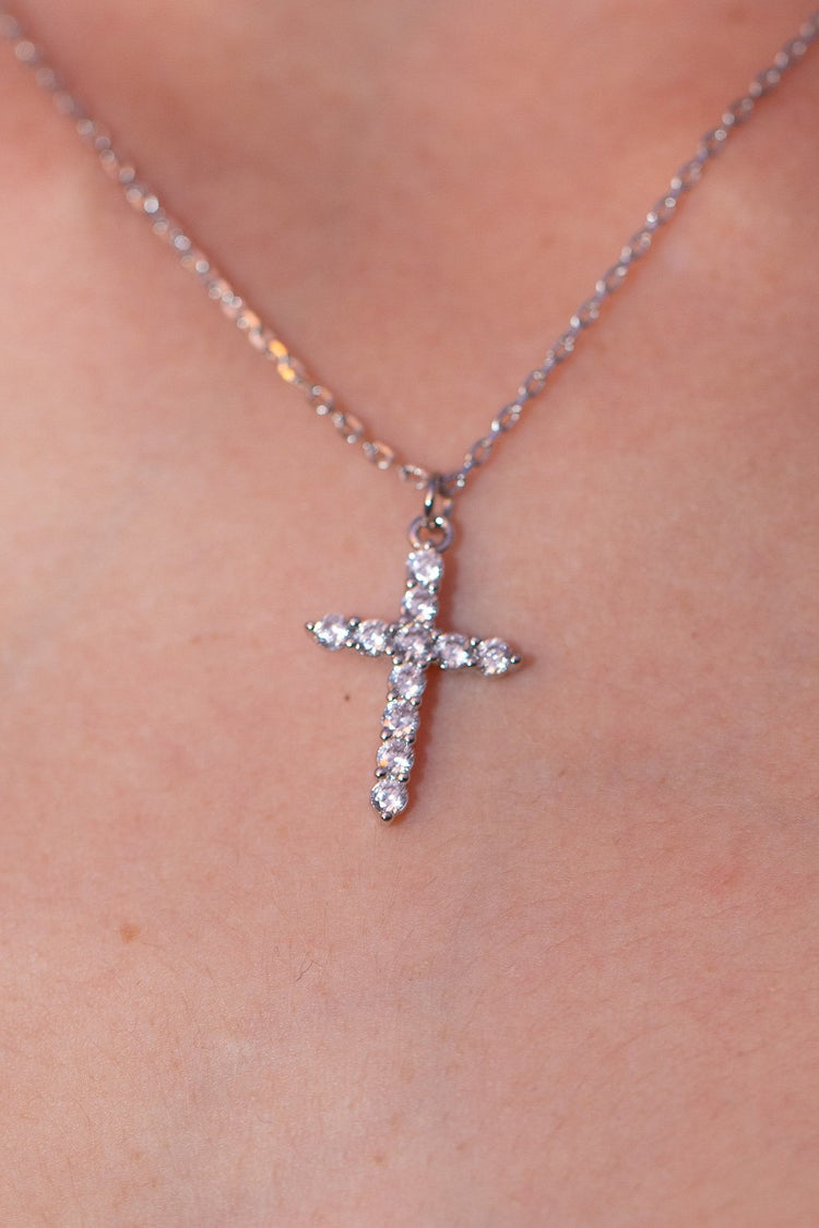 Rhinestone Cross Necklace | Silver