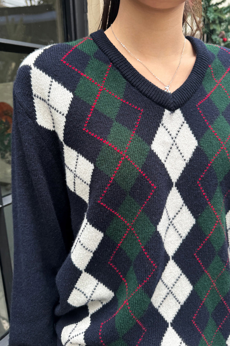 Agnes Sweater | Navy Blue Green and White Diamonds / Regular Fit