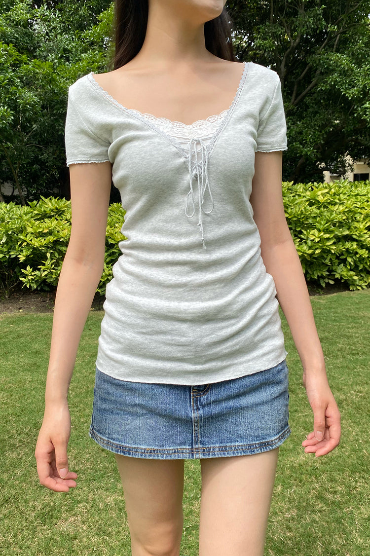 Tania V-Neck Lace Top | Light Grey / XS/S