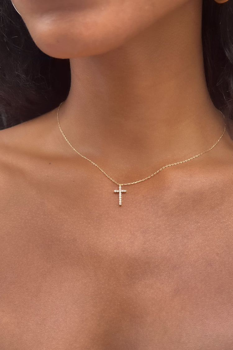 Faux Rhinestone Cross Necklace | Gold