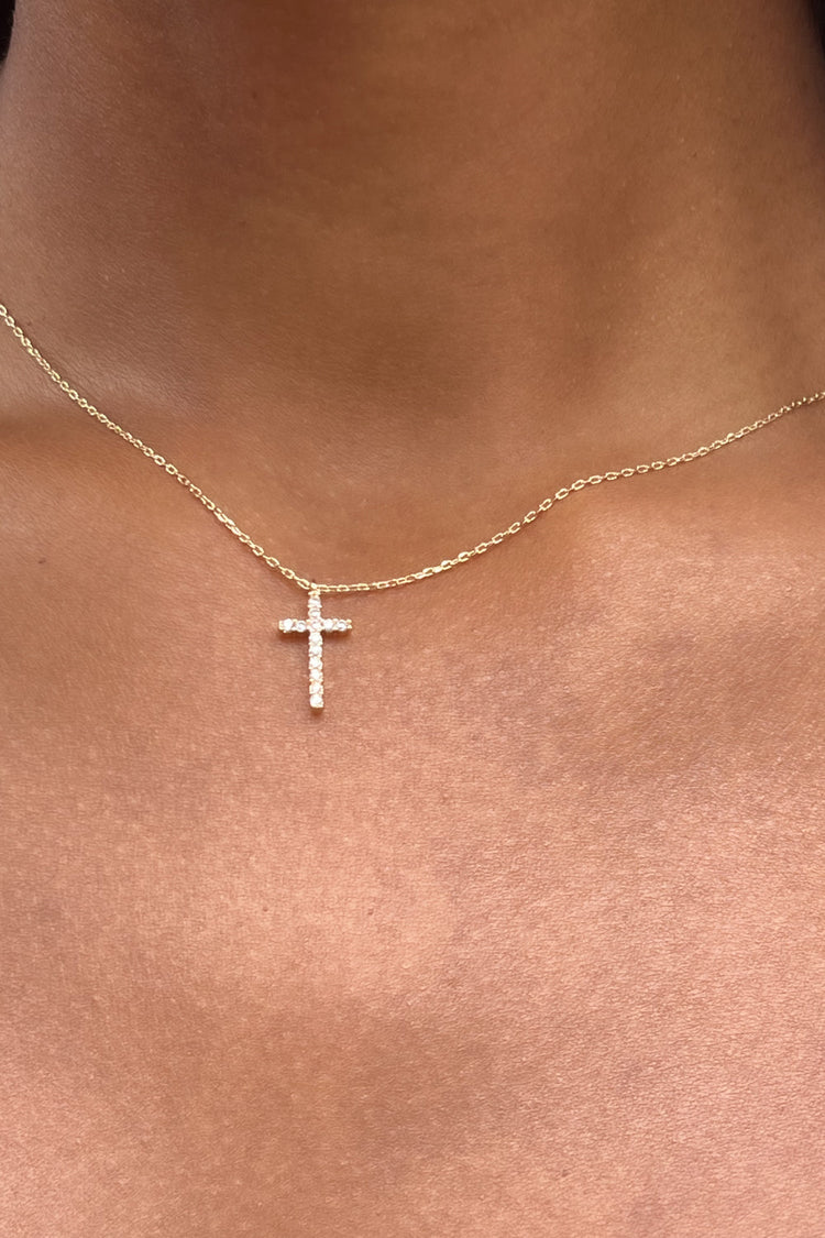 Faux Rhinestone Cross Necklace | Gold