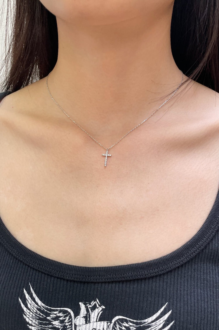 Faux Rhinestone Cross Necklace | Silver