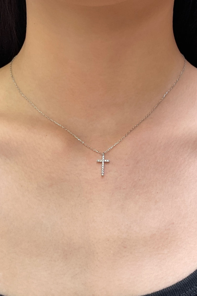 Faux Rhinestone Cross Necklace | Silver