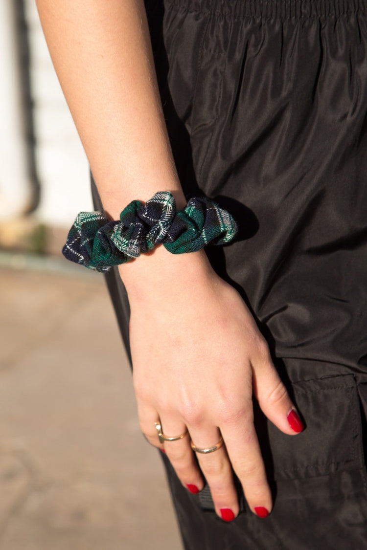 Plaid Scrunchie | Green Navy Blue and White plaid